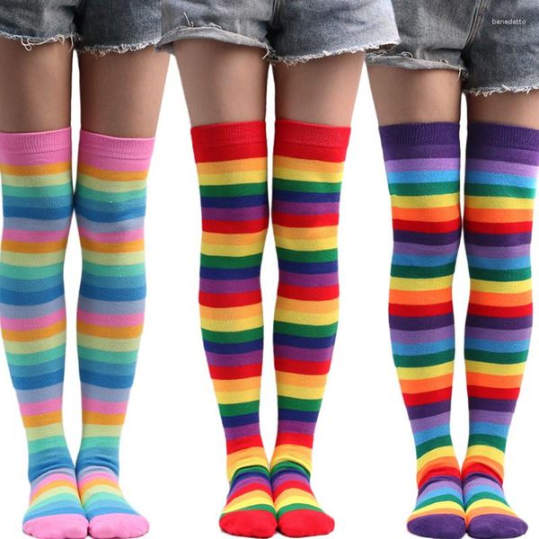 Chaussettes Sexy pour femmes, bas de jambes arc-en-ciel, rayé coloré au-dessus du genou, Long Costume de Cosplay tricoté extensible, 2023