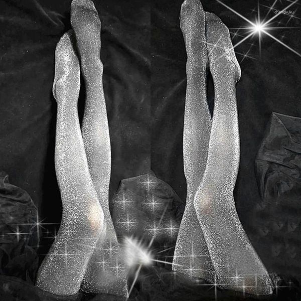 Chaussettes d'été fines et Super brillantes en soie argentée pour femmes, collants transparents Sexy à entrejambe ouvert, fête, Club, 2023