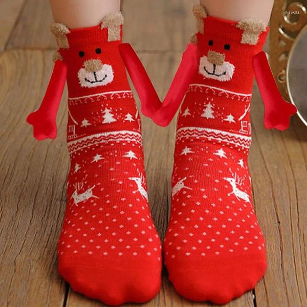 Calcetines de mujer 2023 moda de invierno Navidad lindo creativo magnético mano sosteniendo para hombres regalos de navidad feliz año pareja