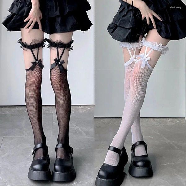 Calcetines de mujer 2024 medias de red Metal corazón corte vendaje anillos para pierna Sexy malla transparente muslo alto Cosplay medias