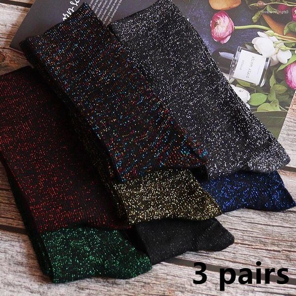 Femmes chaussettes 3 paires luxueux Sexy Flash mode coréenne filigrane couleur unie épais femmes longues