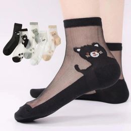 Calcetines de mujer 3 par/set moda vidrio seda verano encantador oso de dibujos animados Casual transparente transpirable medio tubo niñas