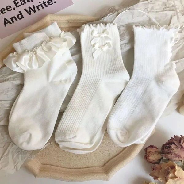 Chaussettes en dentelle pour femmes, 3 paires, nœud blanc, à volants, Tube central, Style japonais, doux, fille JK, polyvalent, mignon et fin