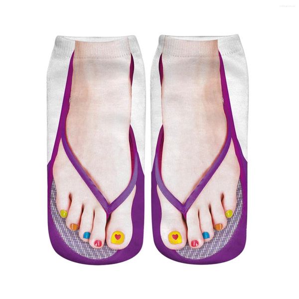 Calcetines de mujer Chanclas impresas en 3D Patrón de pie de manicura Estampado divertido Correr oculto Cómodo Tobillo de corte bajo