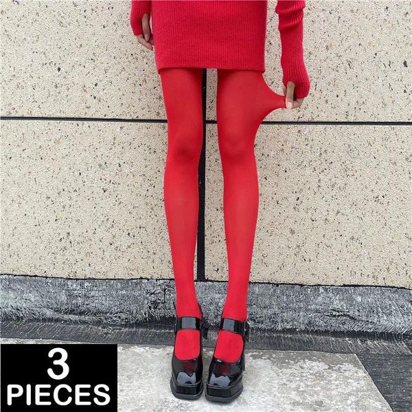 Mujeres calcetines 3pcs pantimedias retro rojo harajuku femenino medias delgadas cosplay sexy anti-hook elástico de terciopelo de terciopelo leggings