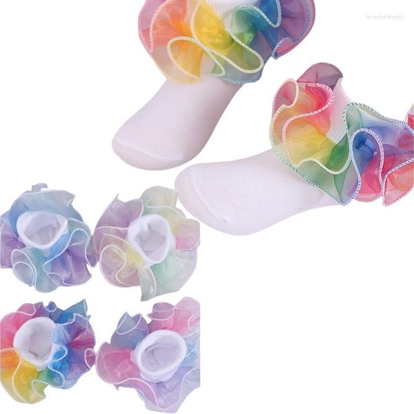 Lot de 4 chaussettes à volants multicolores arc-en-ciel pour femmes, garniture en gaze, bracelet de cheville, manchette pliable, robe de soirée, Festival