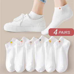 Chaussettes invisibles en coton pour femmes, 4 paires, étiquette en tissu de fruits de dessin animé, courtes chevilles basses pour l'été, filles blanches, bateau absorbant la sueur