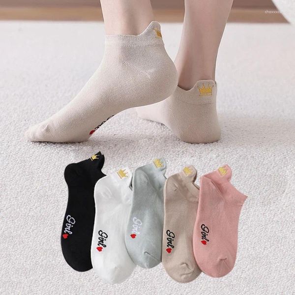 Femmes chaussettes 4 paires drôles mignonnes mignon broderie coton cheville court blanc couronne kawaii ensemble couleurs de bonbons pour couples dames cadeau