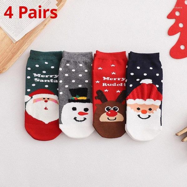 Chaussettes de femmes 4 paires d'automne et d'hiver Christmas Feather Yarn Santa Cartoon Coose Boot Straight Boat Rouge
