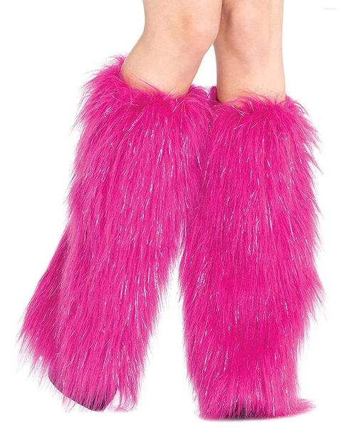 Calcetines de mujer 45cm rosa con piel sintética peluda plateada calentadores de piernas tacones Botas Largas cubierta de puño tiene elasticidad bota Dionysia carnaval