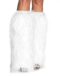 Femmes chaussettes 45 cm blanc avec argent fausse fourrure floue jambières talons bottes longues manchette couverture a élasticité Dionysia botte carnaval