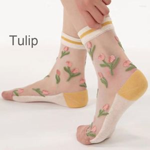 Femmes chaussettes 4 paires été mode cristal soie marée décontracté respirant tulipe fleurs broderie verre Ultra-mince chaussette