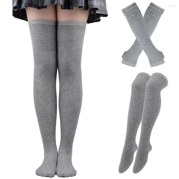 Femmes chaussettes 4 pièces/2 paires à la mode tricoté bas gants ensemble filles Cosplay Anime rayure bras manches mignon sur-genou haut