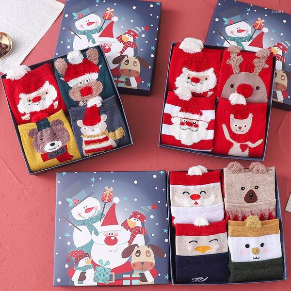 Chaussettes en coton pour femmes, 4 pièces, automne hiver, Kawaii, dessin animé Animal, Tube central de noël, Harajuku, coton, ample, rouge, nouveauté longue