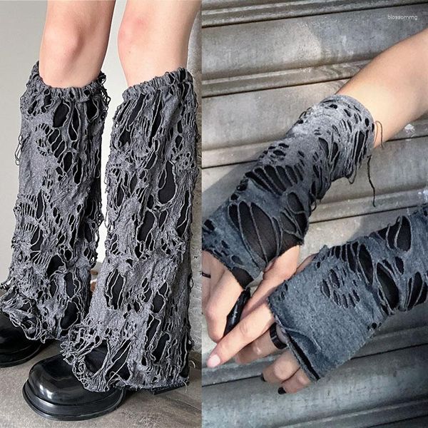 Calcetines de mujer 4 unids/set conjunto de guantes con agujeros gótico Punk ropa accesorios rasgados Harajuku Boot Cuff Halloween Beggars Cosplay