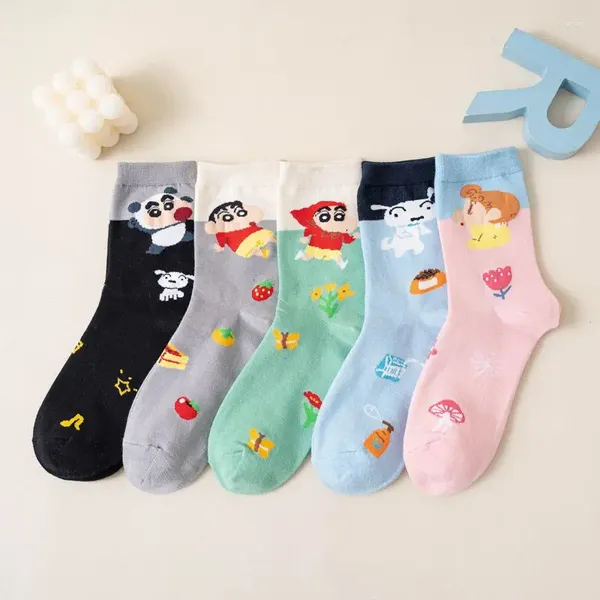 Chaussettes de femmes 5 pack kawaii crayons shin-chans dessin animé anime d'été respirant coton confortable léger confortable