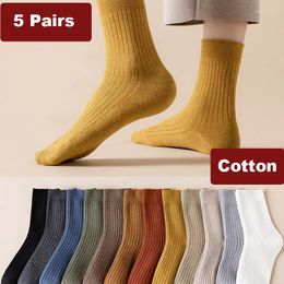 Chaussettes en coton épais pour femmes, 5 paires, couleur unie, tendance, haute qualité, décontractées, chaudes, Tube moyen, automne et hiver
