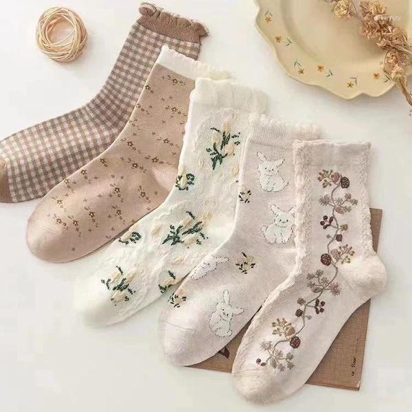 Chaussettes artistiques mi-longues pour femmes et enfants, 5 paires, automne hiver, coréen, polyvalent et mignon, japonais, longs