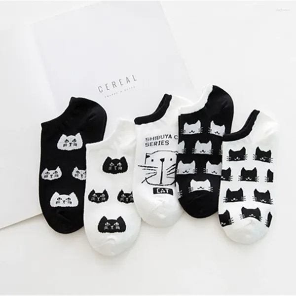 Calcetines de mujer, 5 pares, conjunto corto de algodón de dibujos animados bonitos, Calcetines tobilleros de corte bajo con cabeza de gato blanco y negro Kawaii para niñas