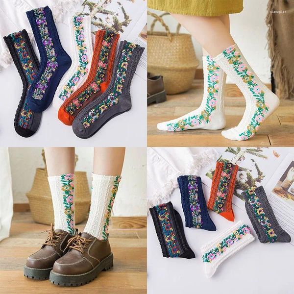 Calcetines de mujer 5 pares divertidos mujer algodón puro bordado de flores tubo medio moda Retro estilo universitario chica encantadora vender