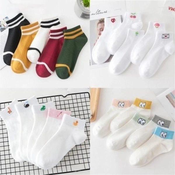 Chaussettes en coton pour femmes, 5 paires/lot, bateau, fruits, amour, sourire, visage, œil de canard, couleur Pure, Baseball d'été pour filles, jaune