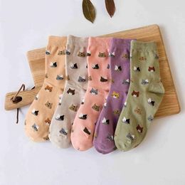 Chaussettes pour femmes, 5 paires/lot, dessin animé mignon, pur coton, mode Harajuku, têtes de chat colorées, ensemble coréen Kawaii pour filles