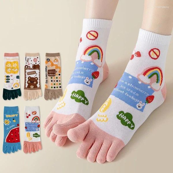 Femmes chaussettes 5 paires/lot cinq doigts fille dessin animé coton fleurs ours pastèque jeune décontracté mode heureux orteil Harajuku