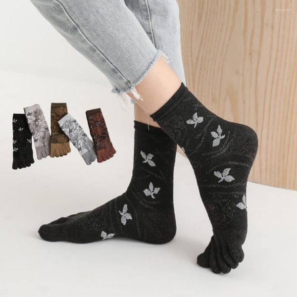 Chaussettes pour femmes, 5 paires/lot, cinq doigts, hiver, fleurs épaisses, absorbant la sueur, cheveux chauds, bout fendu