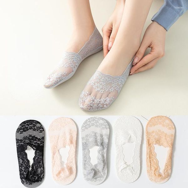 Chaussettes en dentelle pour femmes, 5 paires, antidérapantes, doublure basse, Invisible, pour baskets, mocassins, chaussures à talons hauts