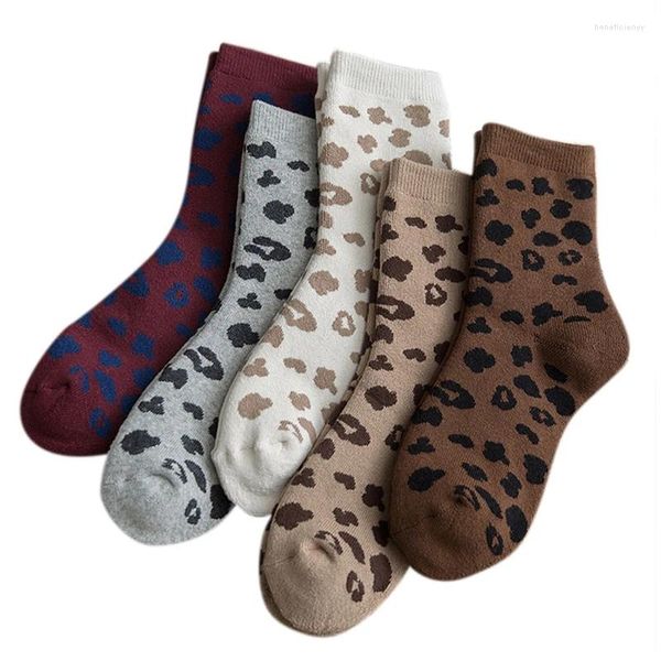 Chaussettes de femmes 5 paires nouveauté coton tacheté de léopard motif animal Terry épais tasses chaudes vintage bas