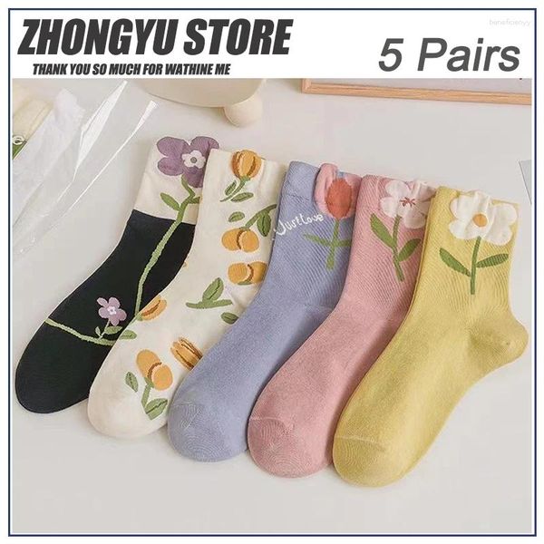 Chaussettes de femmes 5 paires de cotons mignons coton plantes forestières fleurs printemps automne mode rétro collège