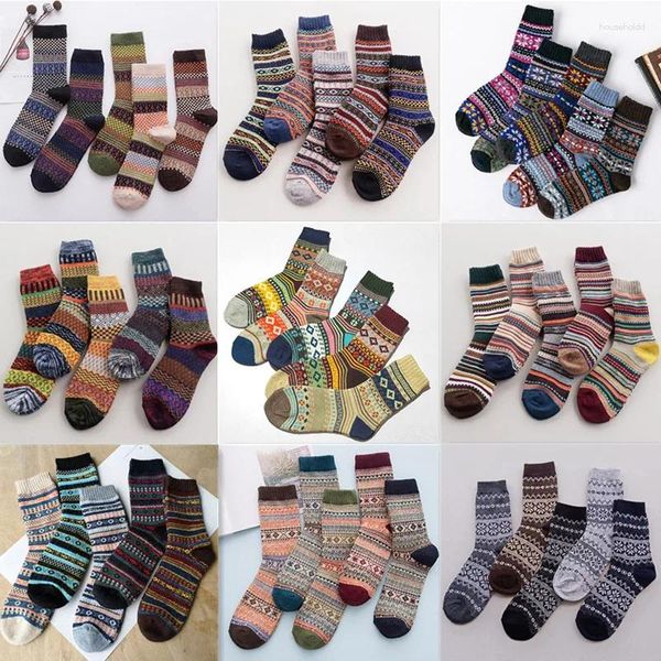 Chaussettes en laine pour femmes, 5 paires de poils de lapin, tricot rétro, rayures chaudes d'hiver, Tube à carreaux, vente en gros d'usine pour hommes