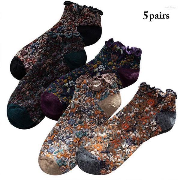 Chaussettes courtes à volants en coton pour femmes, 5 paires, rétro, personnalité, Harajuku, Art, bord à volants, printemps et été