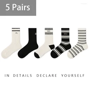Dames sokken 5 paren eenvoudig ontwerp dames klassiek zwart wit contrast gestreepte middelste buis ins trendy katoen