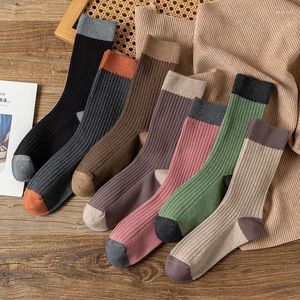 Chaussettes pour femmes, 5 paires, couleur unie, polyvalentes, Tube moyen, Style académique japonais, confortables, rayées chaudes, printemps et automne