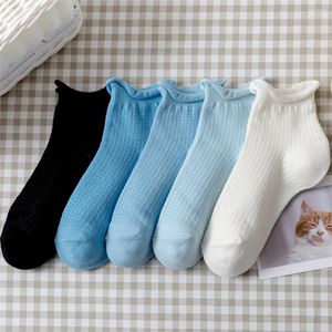 Femmes chaussettes 5 paires printemps et été bleu maille peu profonde Tube court mignon mode Curling creux respirant coton