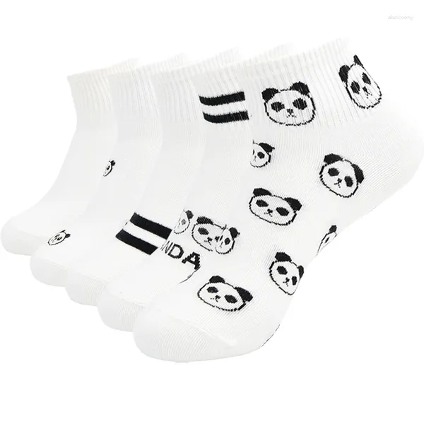 Femmes chaussettes 5 paires printemps été fille mignon Panda drôle cheville blanc décontracté deux rayures coton doux court Sokken cadeau