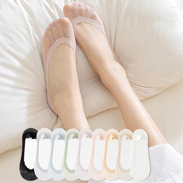 Chaussettes de femmes 5 paires de pantoufles de glace d'été pour femmes en soie respirante de couleur unie invisible de couleur solide sans glissement