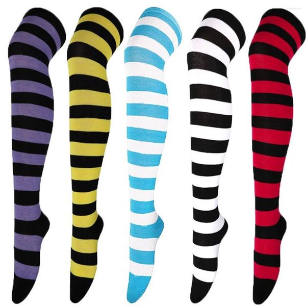 Chaussettes pour femmes, 5 paires, cuisses hautes au-dessus du genou pour filles, bas rayés noirs et blancs, chaussettes longues et amples, tricot Kawaii