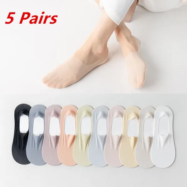 Chaussettes de femmes 5 paires de bateaux invisibles en silicone en silicone non glipt ultra-mince à chaussettes en coton courte pantoufles de glace élastique Low Sox