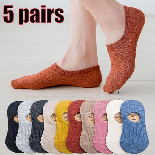 Femmes chaussettes 5 paires Invisible bateau été Ultra-mince coton chaussette respirant Silicone antidérapant cheville bas filles Sox Calcetines