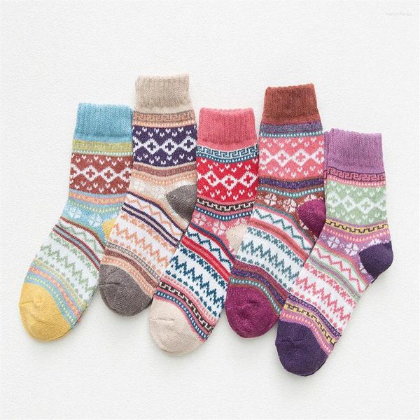 Femmes chaussettes 5 paires/lot vente hiver épais chaud laine Vintage noël neige motif géométrique coloré cadeau Meia