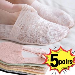 Calcetines de mujer, 5 par/set, tobillera Floral de encaje Sexy, calcetín antideslizante Invisible básico de verano para mujer, zapatilla de suelo para el hogar, barco