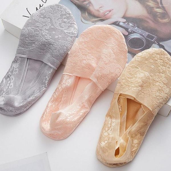 Mujeres calcetines 5pirs de sílice gel de encaje bote calcetín sexy algodón invisible suela sin deslizamiento moda zapatillas transpirables