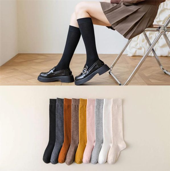 Chaussettes japonaises JK pour femmes, 5 paires, couleur unie, Long Tube en coton, pression, printemps/été, polyvalentes, automne/hiver