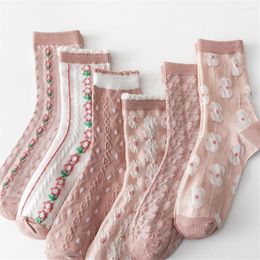Chaussettes pour femmes, 6 pièces/lot, jolies chaussettes roses Ins, Tube moyen en relief, printemps, toutes saisons, à la mode