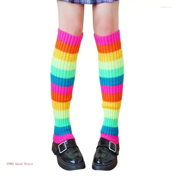 Chaussettes rétro des années 80 pour femmes, tricot côtelé, arc-en-ciel, rayures multicolores, couvre-pieds, manches, danse de Ballet, Sport, hauteur des genoux