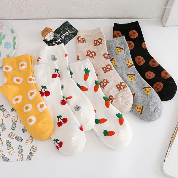 Femmes chaussettes Amorn coton peigné automne hiver mignon poché oeuf cerise dessins animé respirant femmes Ins à la mode fruits décontracté Sox