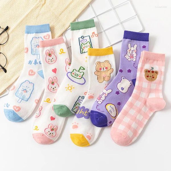 Chaussettes imprimées animaux pour femmes, Harajuku Kawaii, Design lapin ours, peinture à l'huile abstraite mignonne, Style coréen, Art créatif Sokken