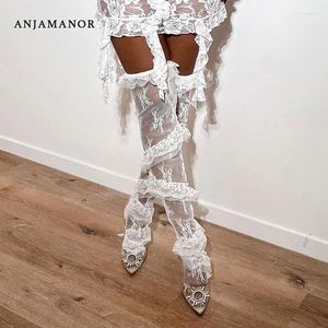 Chaussettes de femmes anjamanor pure cuisse hautes lingeries sexy pour la femme bassages en dentelle à volants blancs noir long D85-Cz10